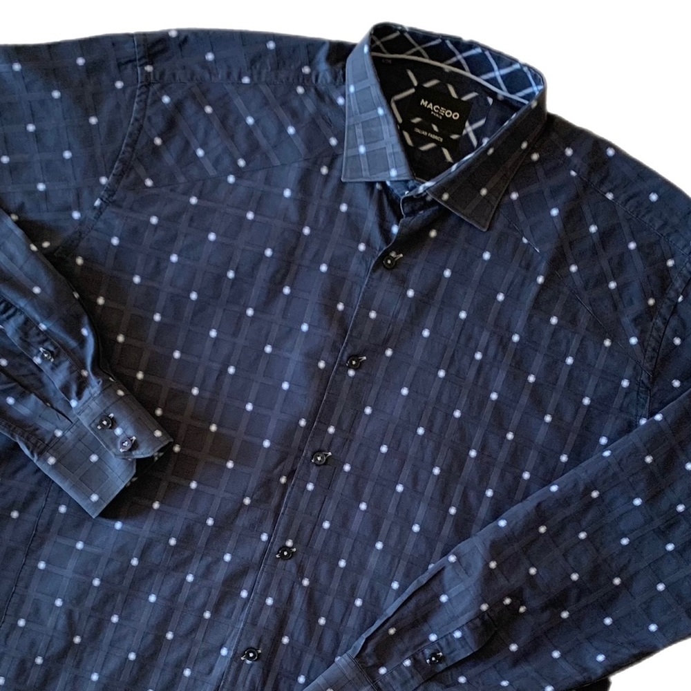 Men’s MACEOO Paris Flavor Blue Square Navy 100% Cotton Long Sleeve Button Down